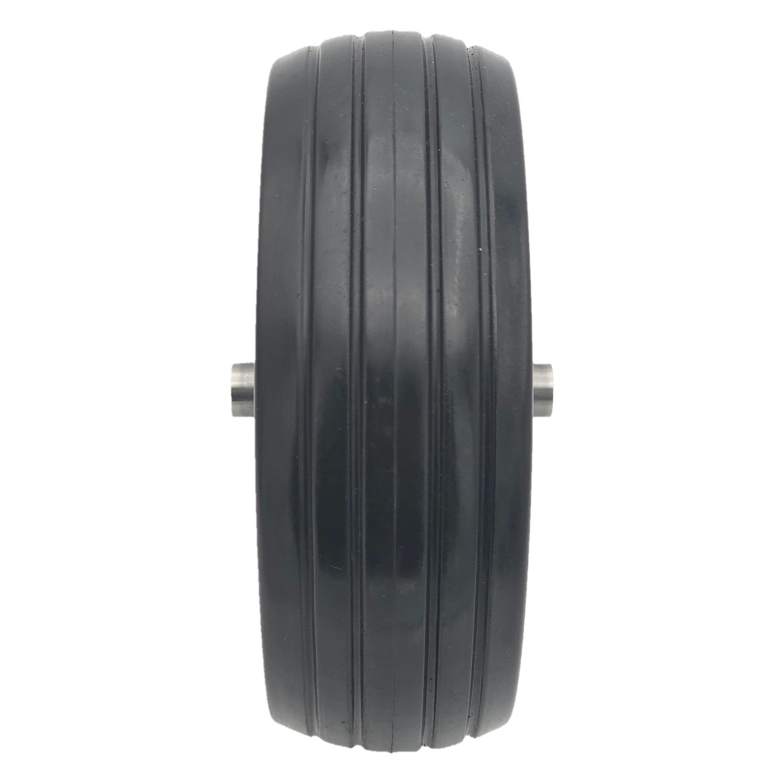 Close up view of the 6 x 2 in. Black Caster Wheel Assembly for Golden Compass and Alante features a five spoke hub showing multi ribbed tread for a smooth comfortable ride.