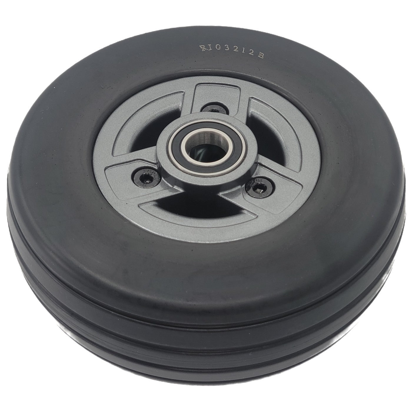 Angled view of the 6x2 in. Caster Wheel assembly for the Pride Go Chair 2016 with Gray Euro hub and black tire. Go Chair Pride WHL156205-A