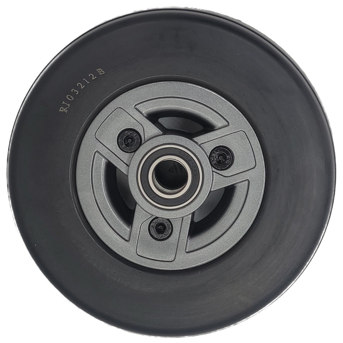 Back view of the 6x2 in. Caster Wheel assembly for the Pride Go Chair 2016 with Gray Euro hub and black tire showing bearing. Go Chair Pride WHL156205-A