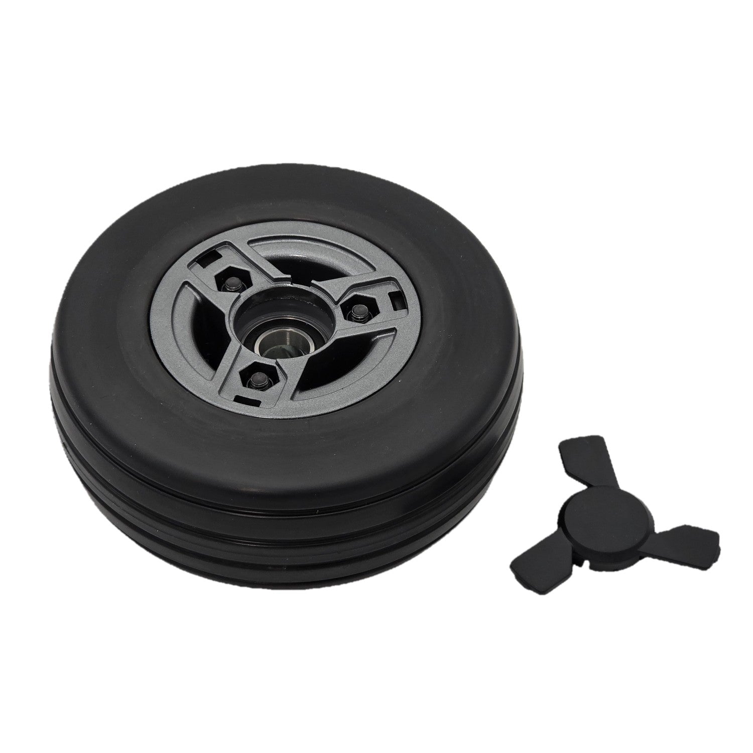 Close up view of the 6x2 in. Caster Wheel assembly for the Pride Go Chair 2016 with Gray Euro hub and black tire showing bearing. Go Chair Pride WHL156205-A