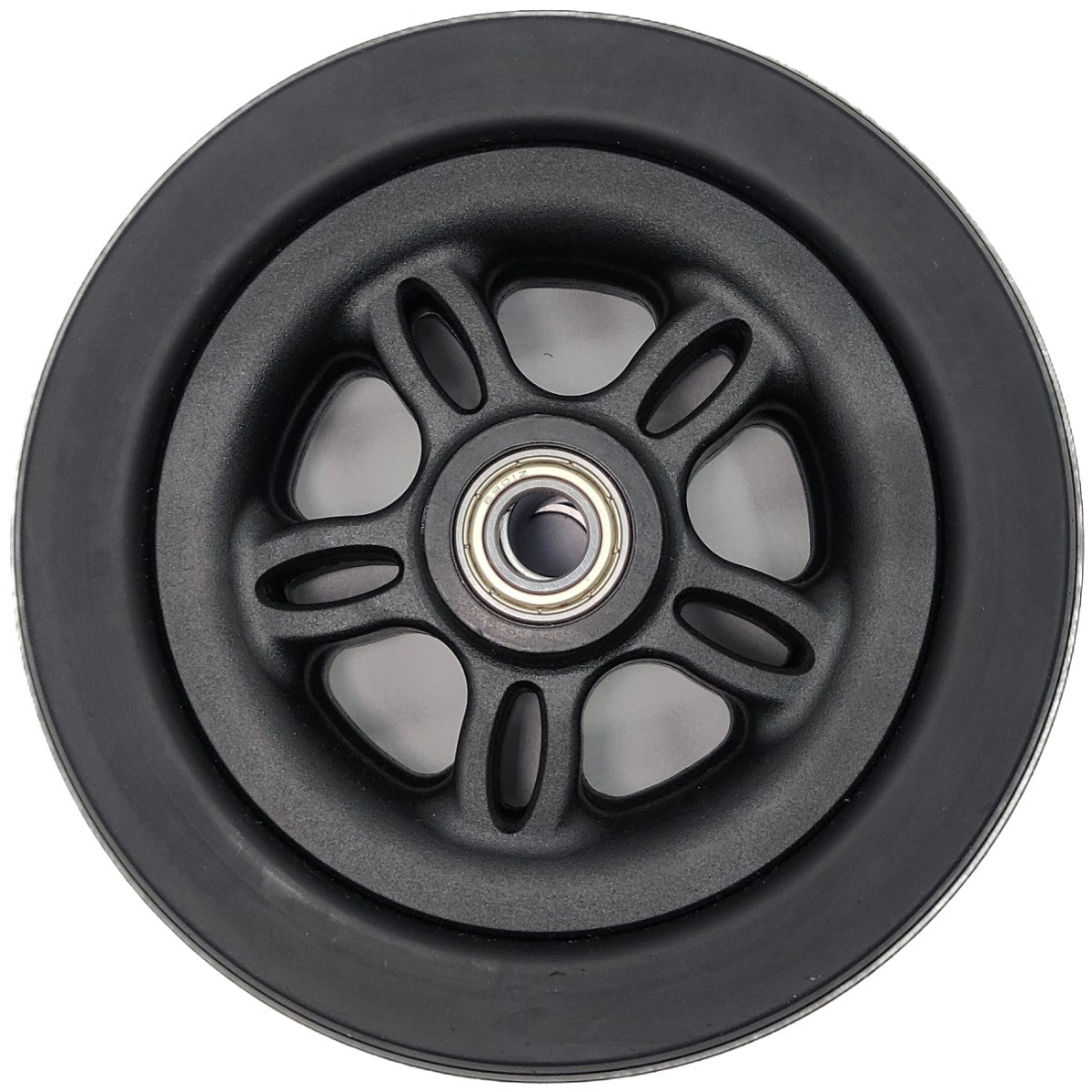 Front view of the 6 x 2 in. Merits Caster Wheel Assembly for Velocity and Vision Ultra Wheelchairs showing fully assembled caster with bearing.