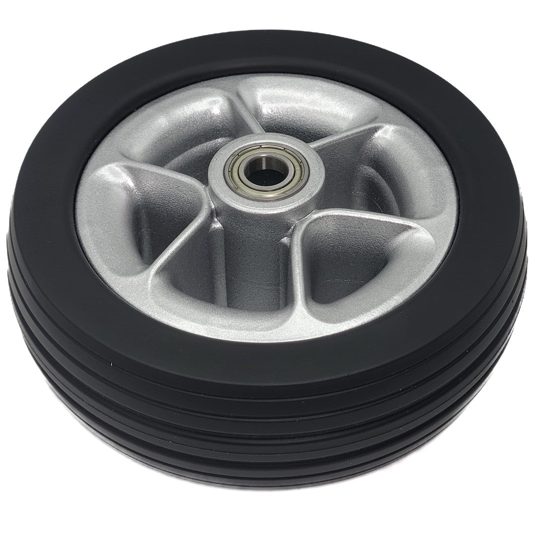 Close up view of the 6 x 2 in. Merits Caster Wheel Assembly for Velocity power Wheelchair showing ribbed black tread