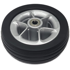 Close up view of the 6 x 2 in. Merits Caster Wheel Assembly for Velocity power Wheelchair showing ribbed black tread