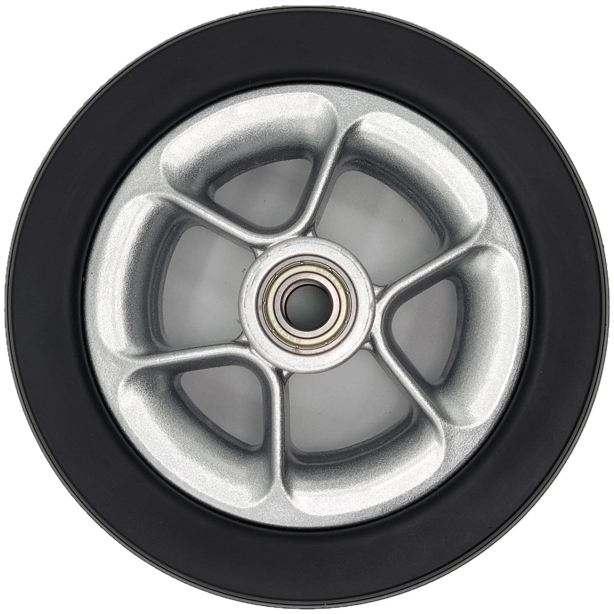 Front view of the 6 x 2 in. Merits Caster Wheel Assembly for Velocity power Wheelchair showing silver rim. bearing and black tread