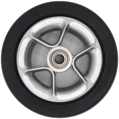 Front view of the 6 x 2 in. Merits Caster Wheel Assembly for Velocity power Wheelchair showing silver rim. bearing and black tread