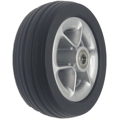 Angled view of the 6 x 2 in. Merits Caster Wheel Assembly for Velocity power Wheelchair showing silver rim