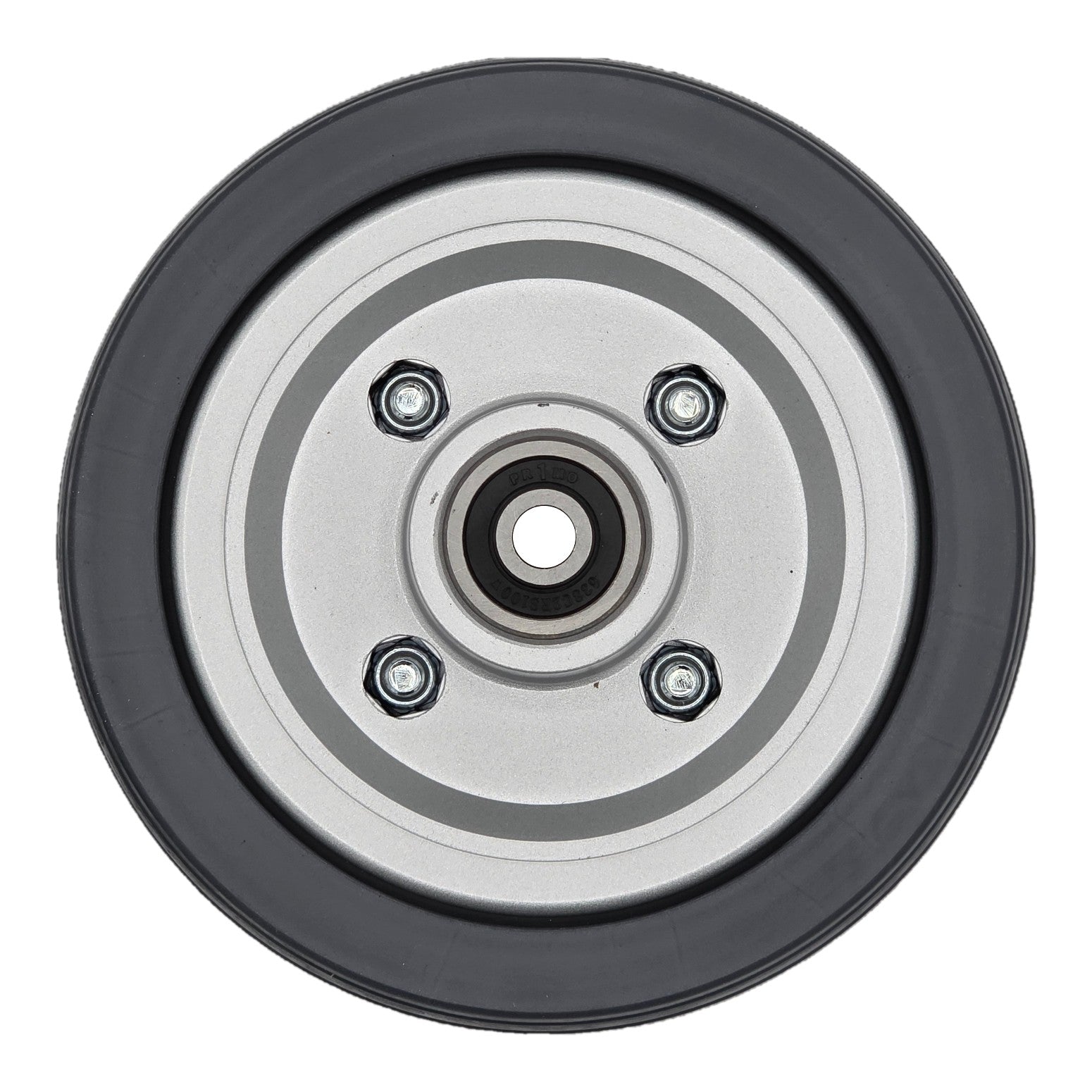 Bottom view of the replacement 6 x 2 in. Gray Caster Wheel Assembly for Jazzy J6 Power Wheelchairs fits the Jazzy J6 and Quantum Q610 power wheelchairs. Showing gray tire on silver rim.