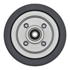 Bottom view of the replacement 6 x 2 in. Gray Caster Wheel Assembly for Jazzy J6 Power Wheelchairs fits the Jazzy J6 and Quantum Q610 power wheelchairs. Showing gray tire on silver rim.