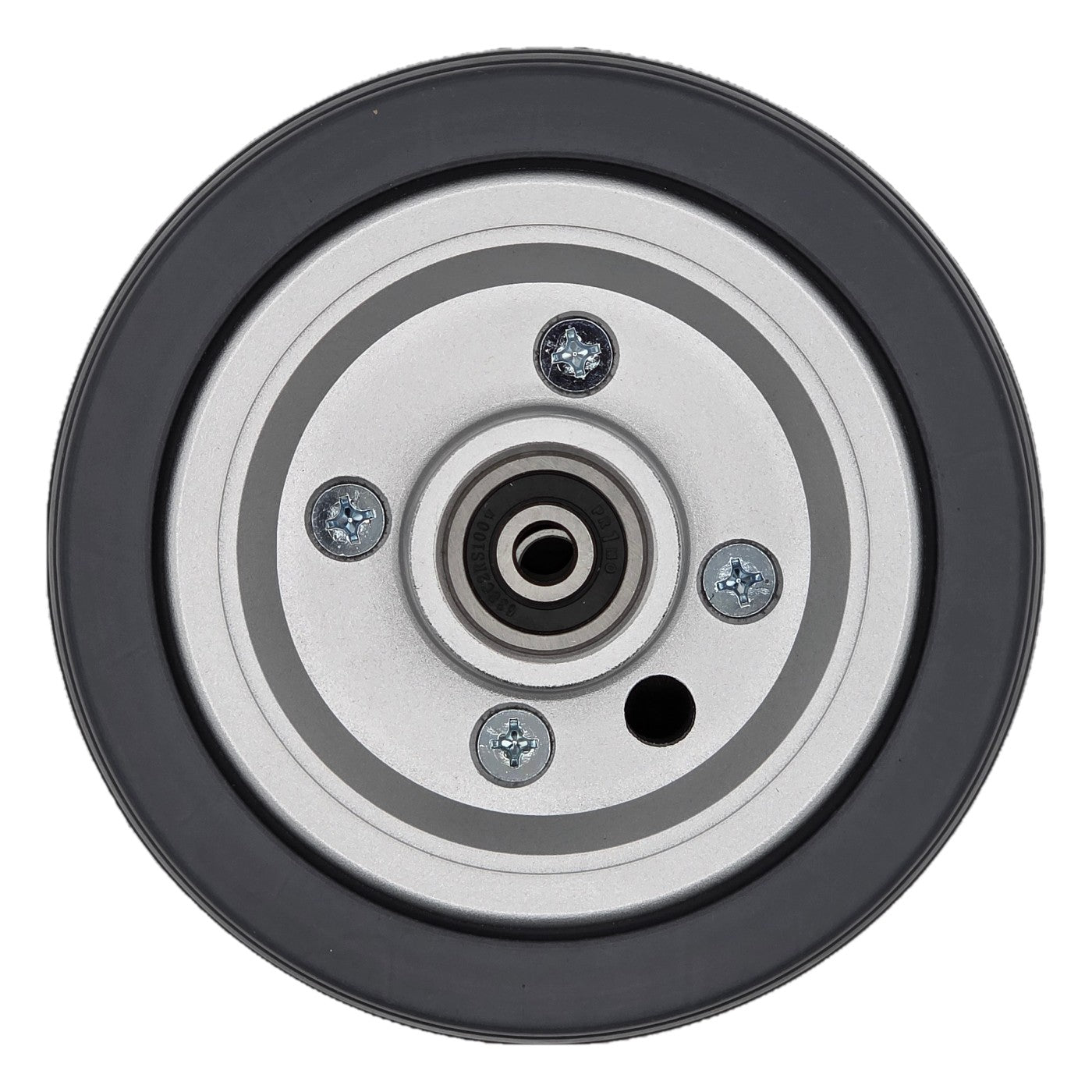 Top view of the replacement 6 x 2 in. Gray Caster Wheel Assembly for Jazzy J6 Power Wheelchairs fits the Jazzy J6 and Quantum Q610 power wheelchairs. Showing gray tire on silver rim.