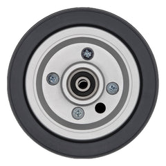 Top view of the replacement 6 x 2 in. Gray Caster Wheel Assembly for Jazzy J6 Power Wheelchairs fits the Jazzy J6 and Quantum Q610 power wheelchairs. Showing gray tire on silver rim.