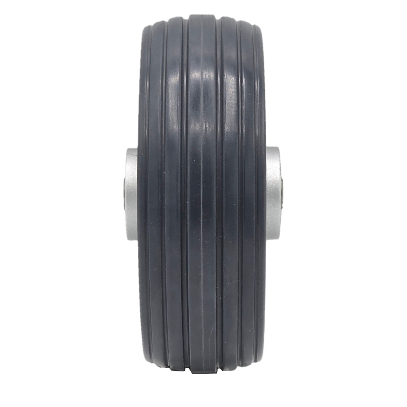 Close up view of the replacement 6 x 2 in. Gray Caster Wheel Assembly for Jazzy J6 Power Wheelchairs fits the Jazzy J6 and Quantum Q610 power wheelchairs. Showing gray ribbed tire.