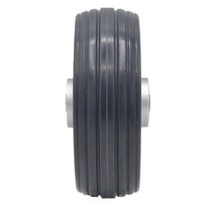 Close up view of the replacement 6 x 2 in. Gray Caster Wheel Assembly for Jazzy J6 Power Wheelchairs fits the Jazzy J6 and Quantum Q610 power wheelchairs. Showing gray ribbed tire.