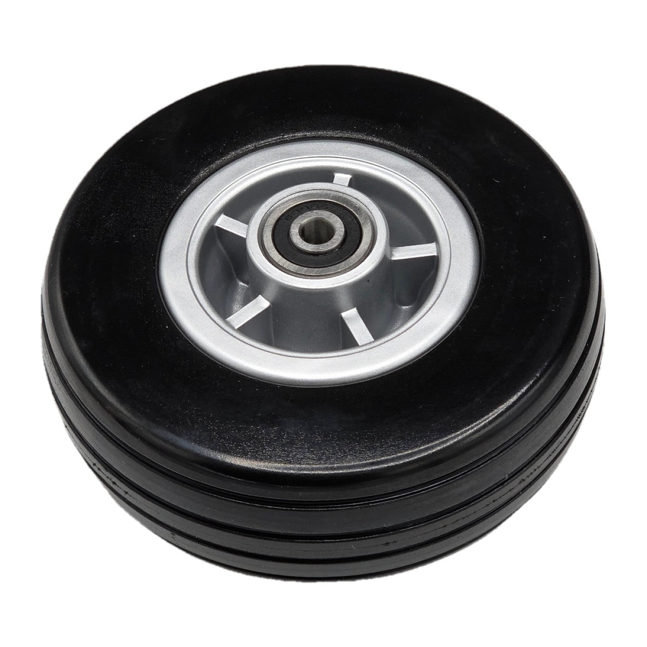 Angled view of 6 x 2 in. Jazzy 600 ES and Jazzy Elite 14 Replacement Wheelchair Caster Wheel showing black tire on silver rim