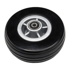 Angled view of 6 x 2 in. Jazzy 600 ES and Jazzy Elite 14 Replacement Wheelchair Caster Wheel showing black tire on silver rim