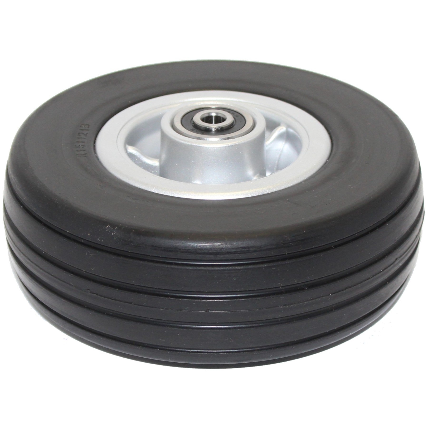 Angled view of 6 x 2 in. Jazzy 600 ES and Jazzy Elite 14 Replacement Wheelchair Caster Wheel showing black tire on silver rim