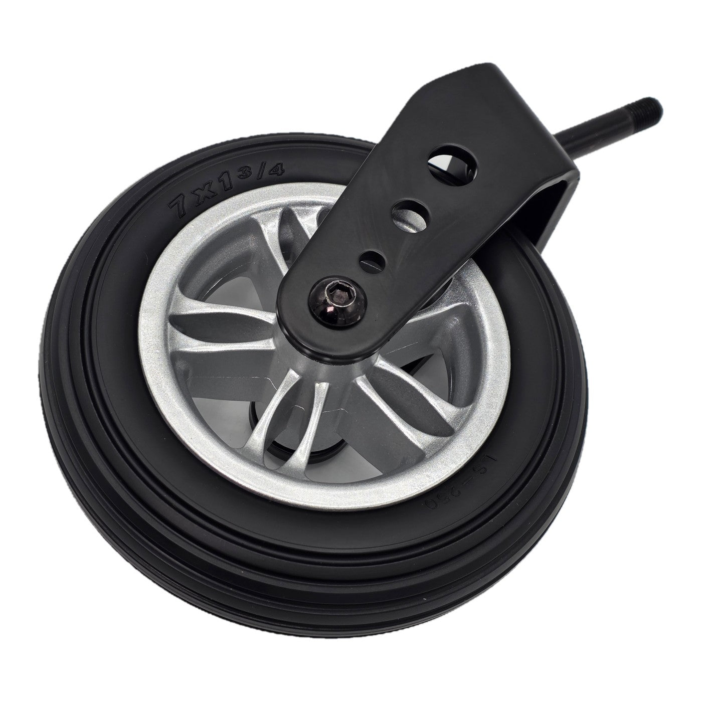 Side view of the 7 x 1-3/4 in. Front Caster Wheel Fork Assembly for the Merits EZ-Go Power Wheelchair features an easy to replace assembled caster wheel.