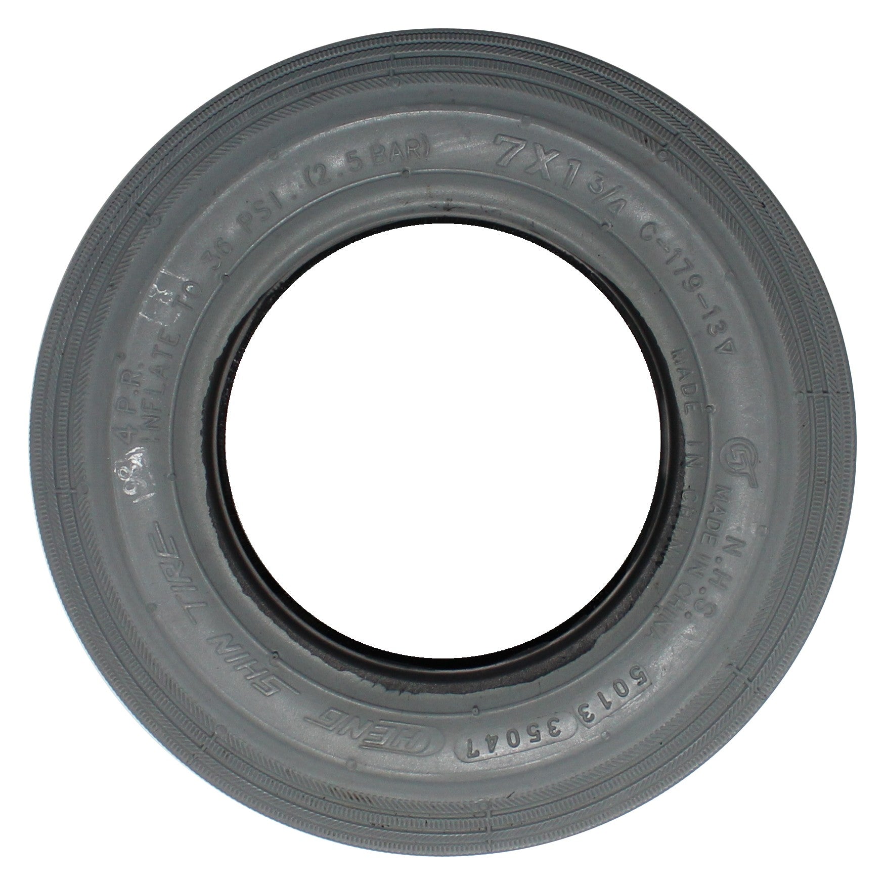 Side view of 7 x 1 3/4 inch wheelchair and scooter rib tire showing Cheng Shin Tire on sidewall