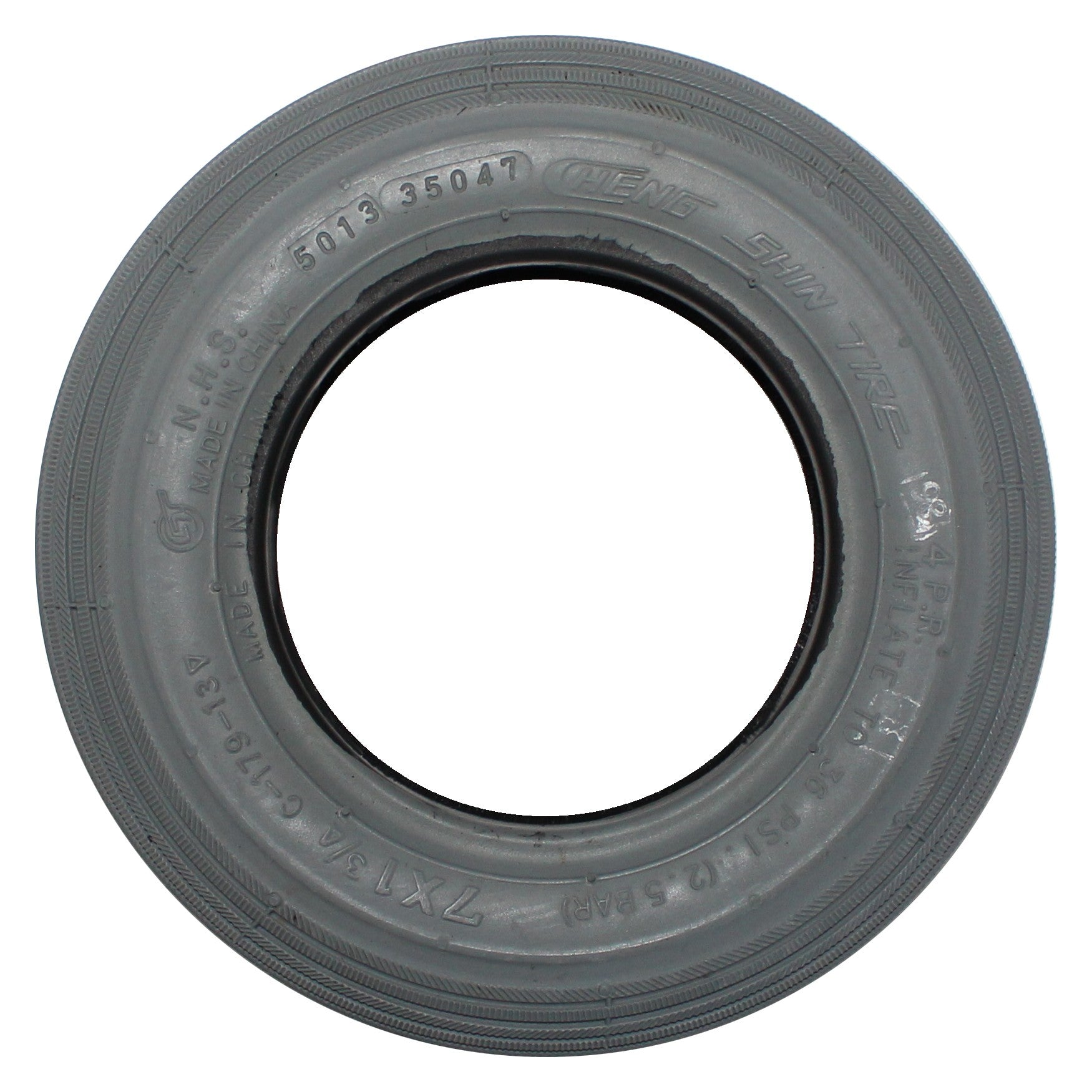 Side view of 7x1 3/4 inch wheelchair and scooter rib tire showing Cheng Shin Tire C-179-13 on sidewall
