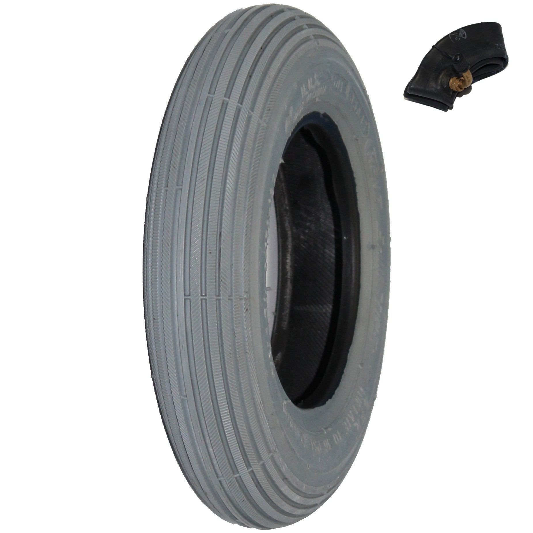 Angled view showing pneumatic 7 x 1 3/4 inch wheelchair and scooter rib tire with inner tube