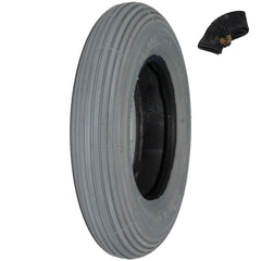 Angled view showing pneumatic 7 x 1 3/4 inch wheelchair and scooter rib tire with inner tube