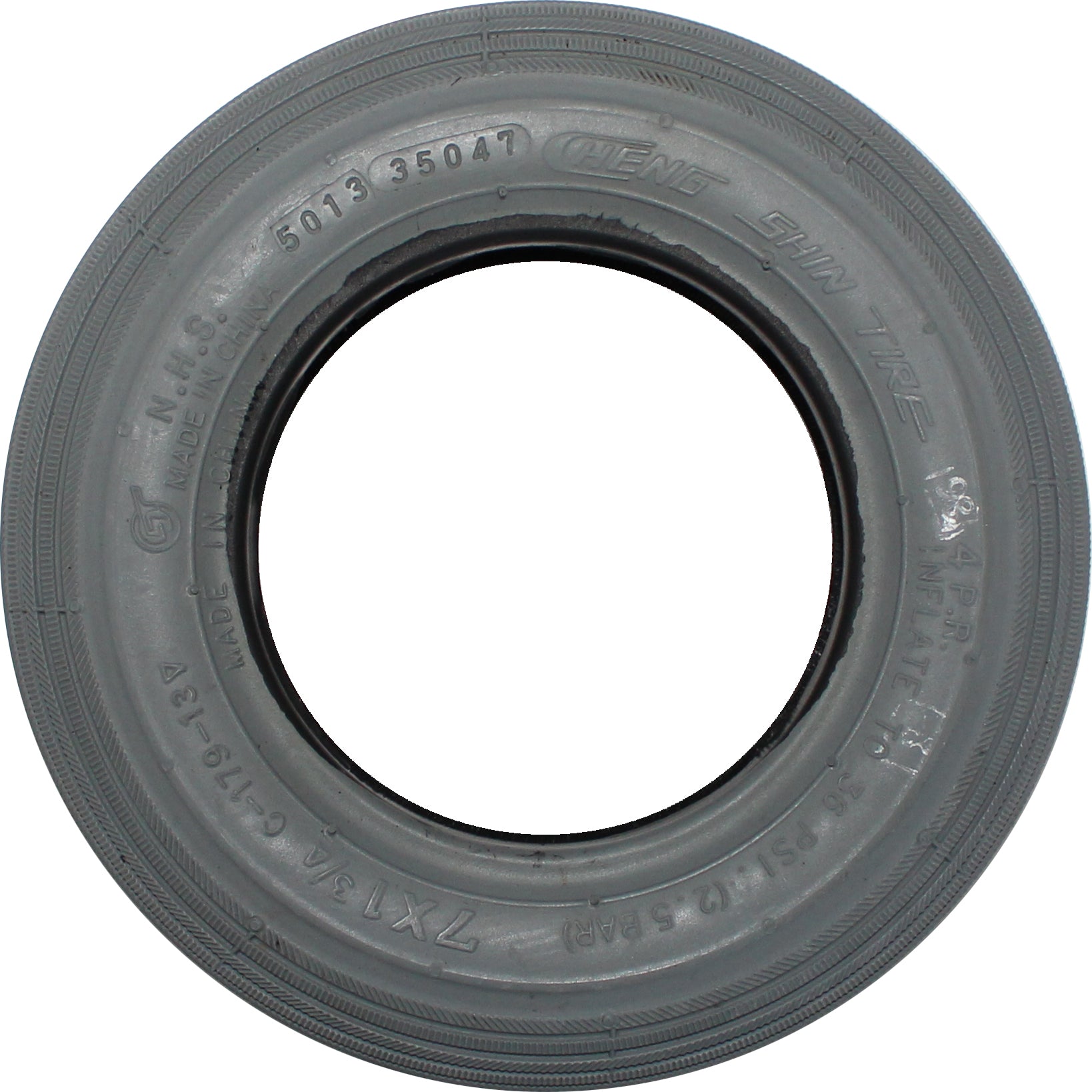 Side view of 7 x 1 3/4 inch wheelchair and scooter rib tire showing Cheng Shin Tire on sidewall
