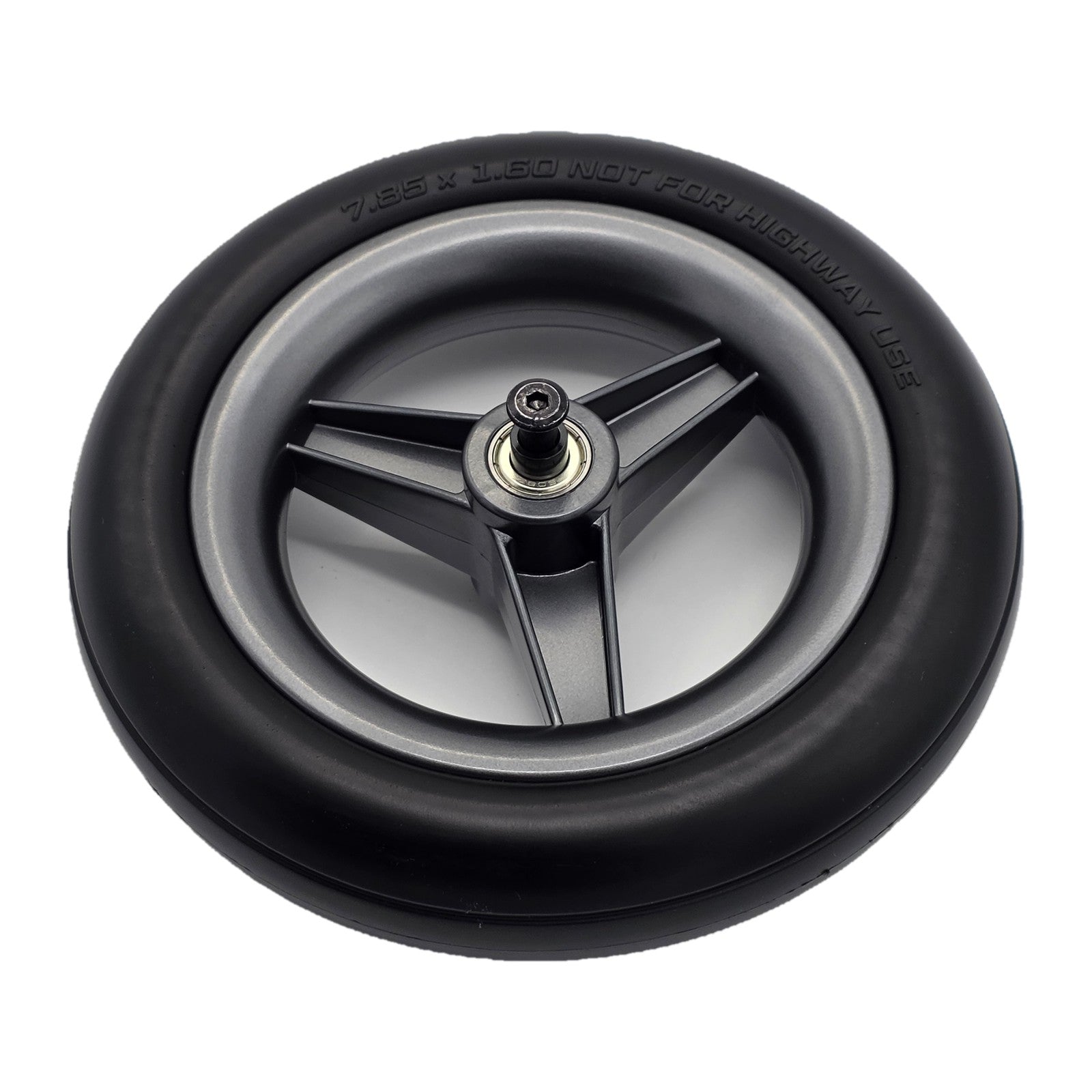Angled view of the front caster wheel assembly for Pride Jazzy Ultra Light power chair showing 7.85x1.60 Not for highway use