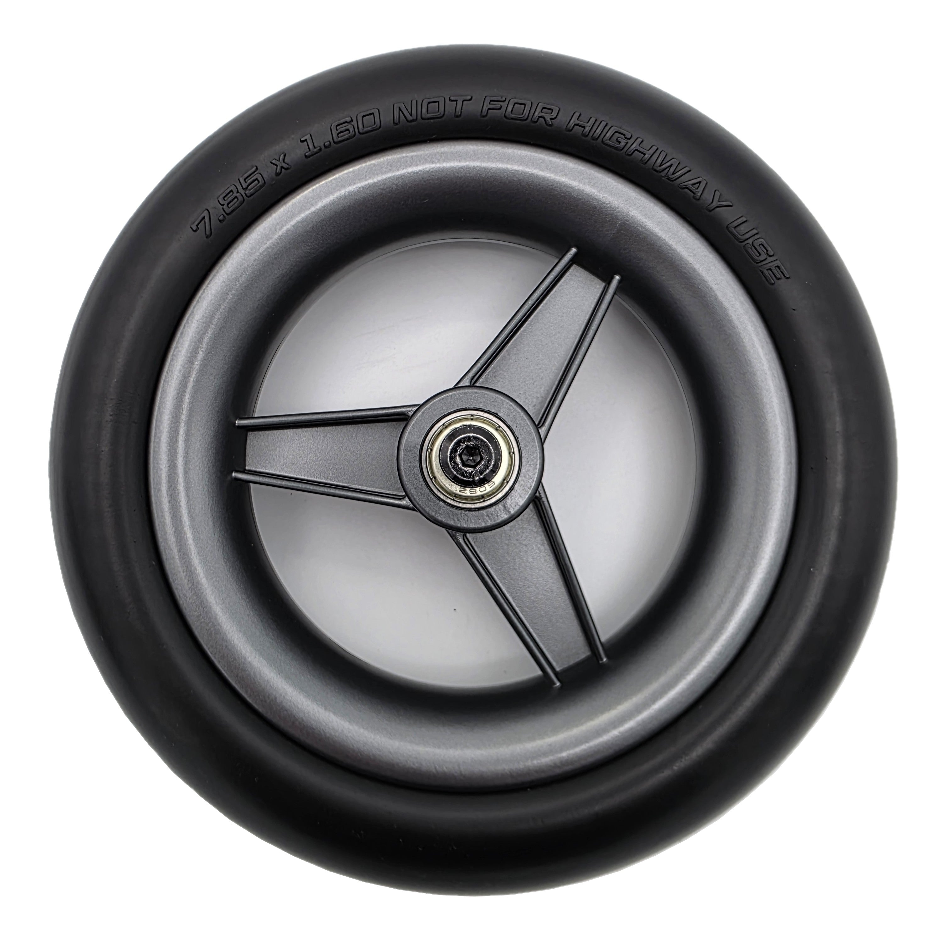 Side view of the 7.85 x 1.60 front caster wheel assembly for Pride Jazzy Ultra Light power chair. Not for highway use