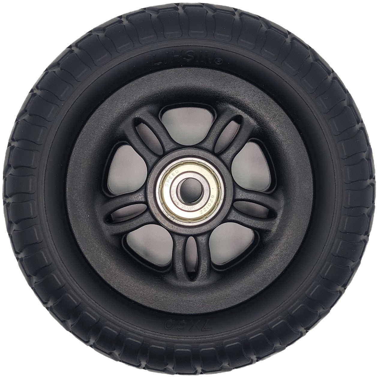 Back view of the 7 x 2 in. (7x60) Front Solid Tire Assembly for Roadster 4 Scooter showing 6201ZZ bearing