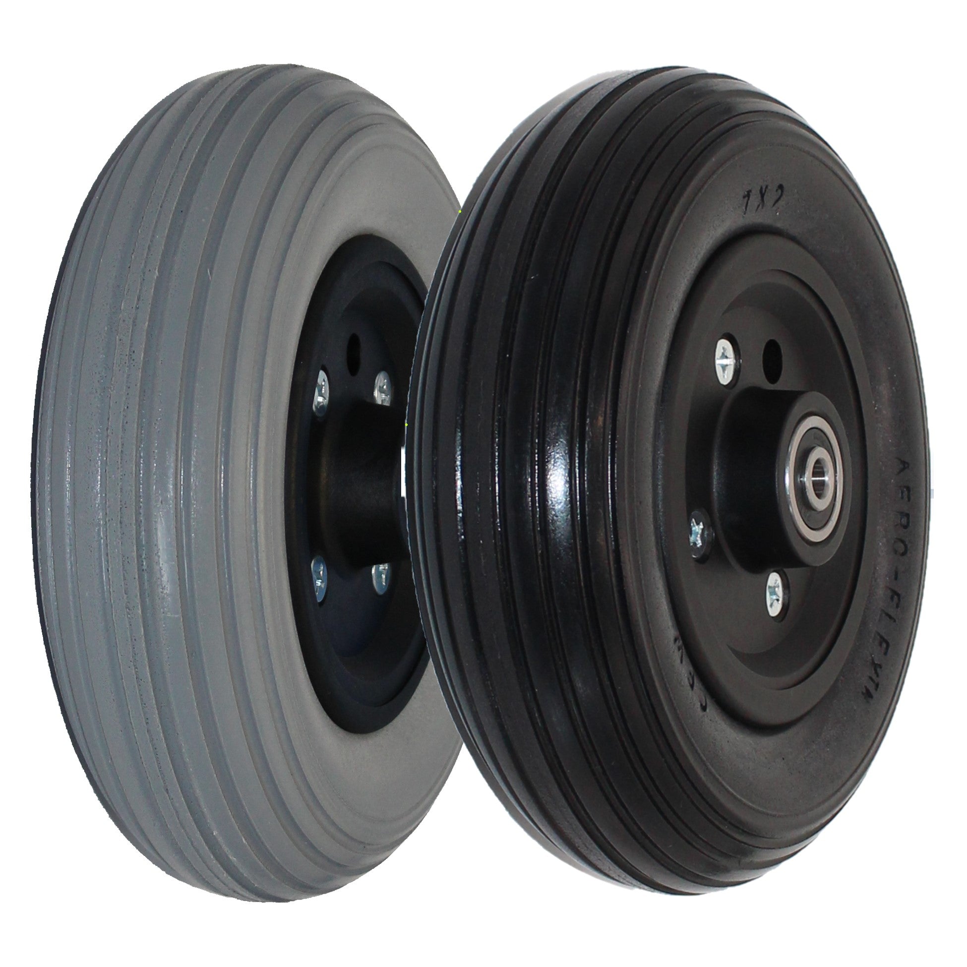 7x2 inch quickie replacement wheelchair caster wheel number CW251 available in light gray or black flat free solid urethane with black rim.