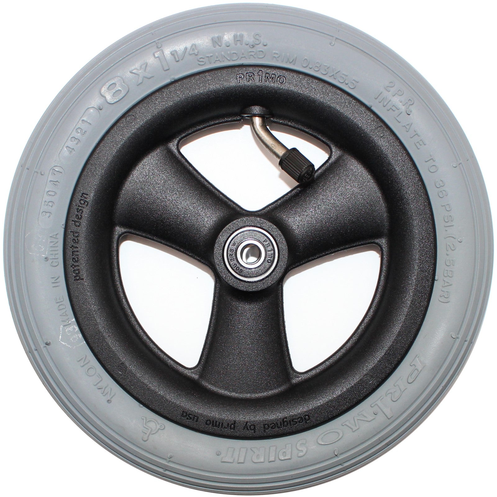 8 x 1 1/4 in. Primo Hollow Spoke Pneumatic Wheelchair Caster Wheel - front view showing primo spirit tire