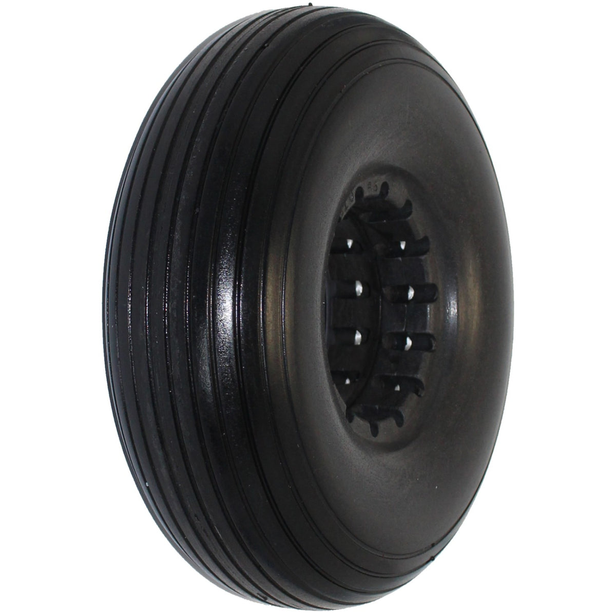 Angled view showing black 8 x 2 in. 210-65 Multi Rib Urethane Permobil Replacement Wheelchair Tire