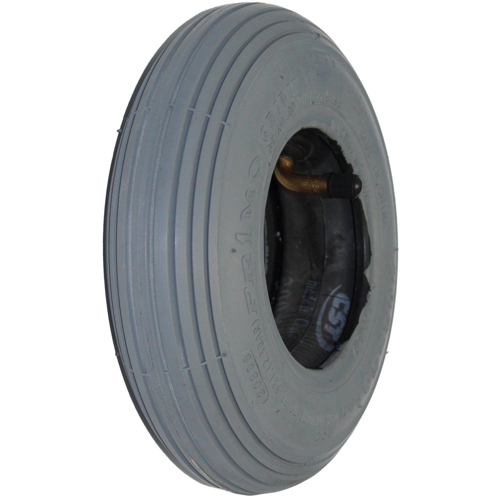 Angled view of the 8 x 2 in. (200 x 50) Primo Powertrax pneumatic wheelchair and scooter tire showing gray C-179 rib tread pattern.