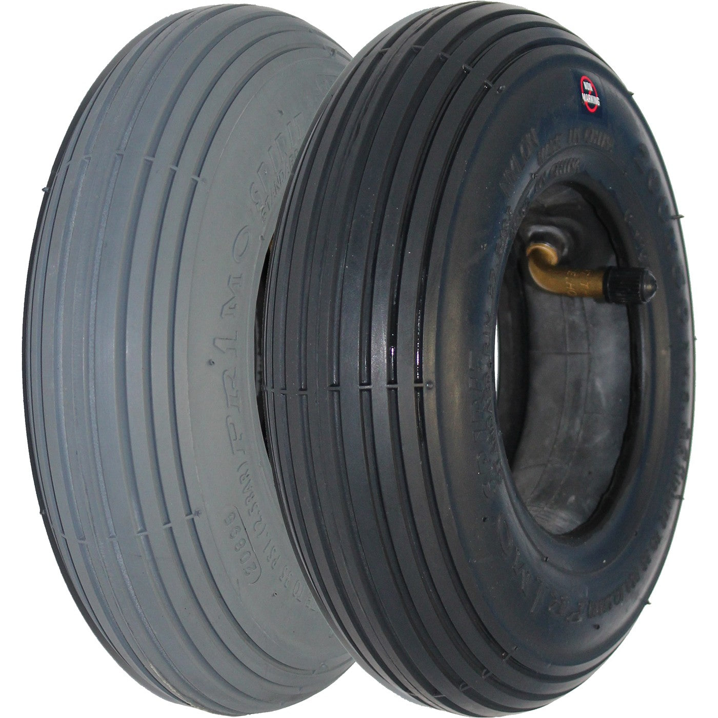 Angled view of the 8 x 2 in. (200 x 50) Primo Powertrax pneumatic wheelchair and scooter tire shown in gray and black color