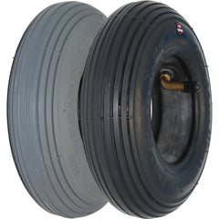 Angled view of the 8 x 2 in. (200 x 50) Primo Powertrax pneumatic wheelchair and scooter tire shown in gray and black color