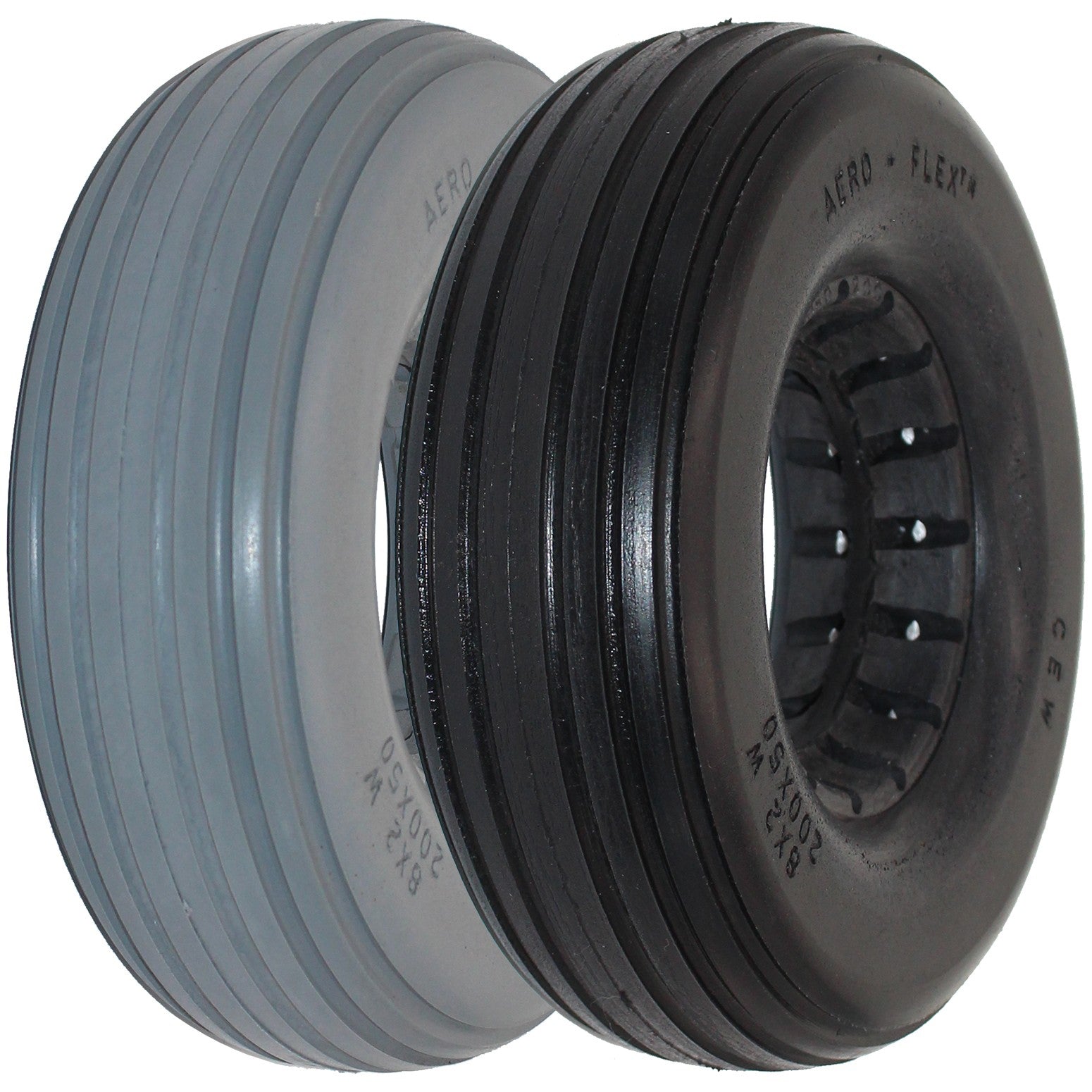 The 8 x 2 1/4 in. (200 x 80) Multi Rib Urethane Wheelchair Tire features a multi rib tread in gray and black