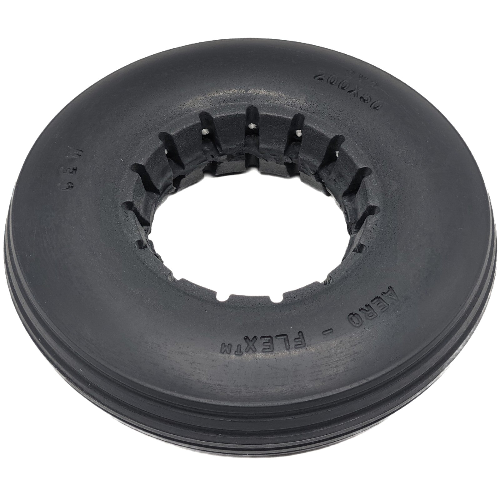 Close up view of 8 x 2 in. (200 x 50) Multi Rib Black Urethane Wheelchair Tire showing CEW and aero-flex markings