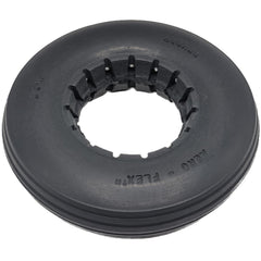 Close up view of 8 x 2 in. (200 x 50) Multi Rib Black Urethane Wheelchair Tire showing CEW and aero-flex markings