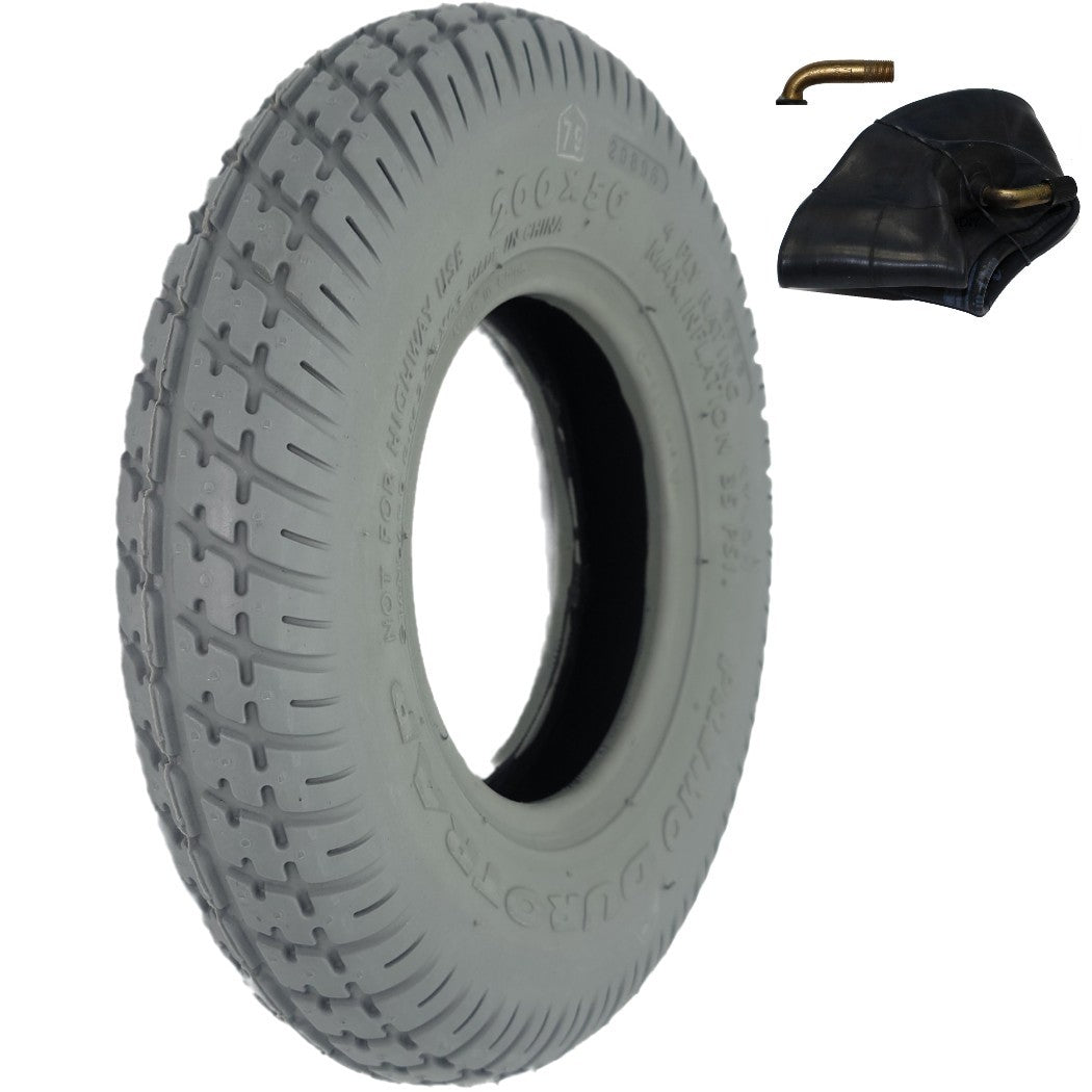 Angled view of The 8 x 2 in. (200 x 50) Primo Durotrap tire and inner tube bundle showing 90 degree schrader valve