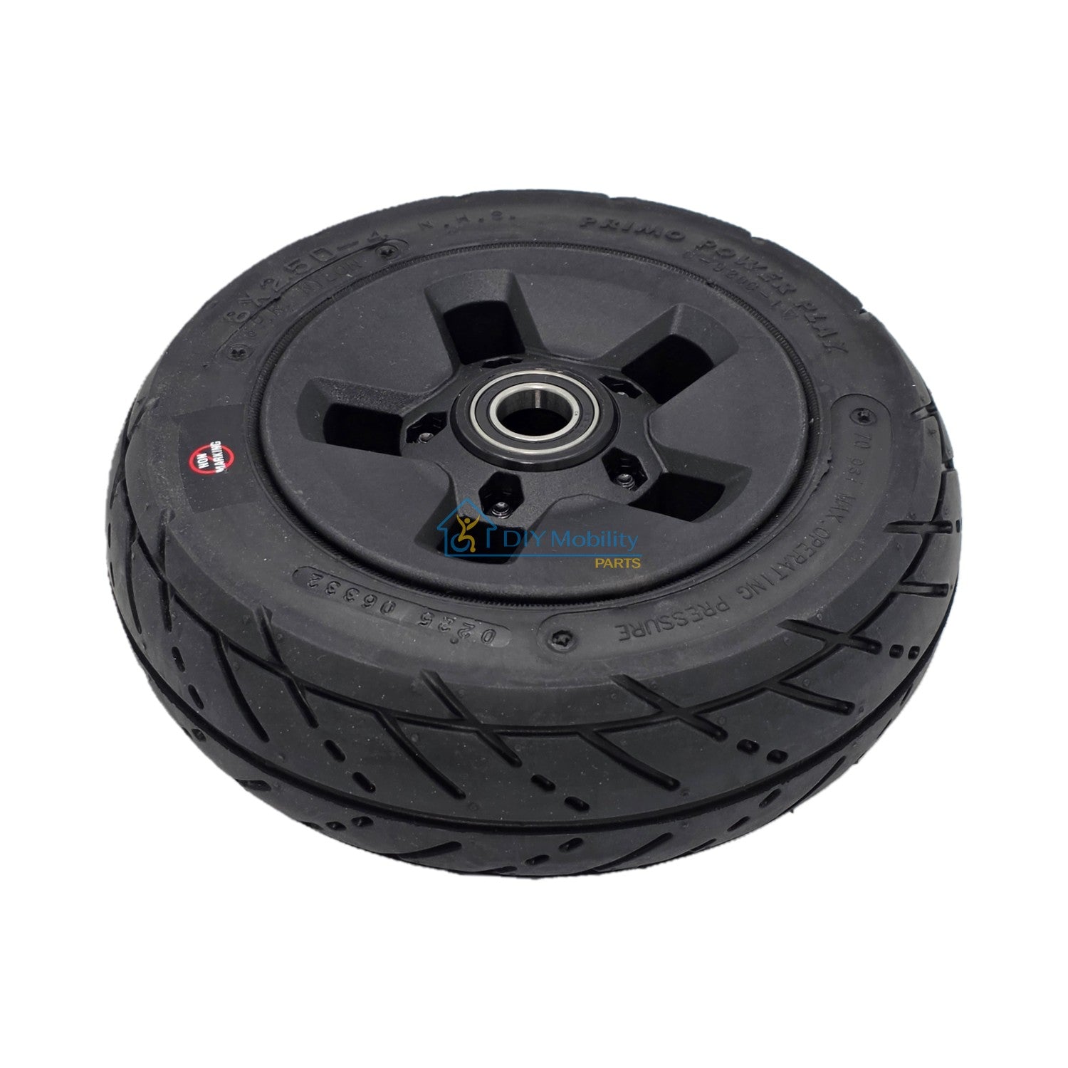 Angled view of The replacement 8x2.50-4 Primo Power Play Caster Wheel for Invacare AVIVA Storm RX and FX power wheelchair.