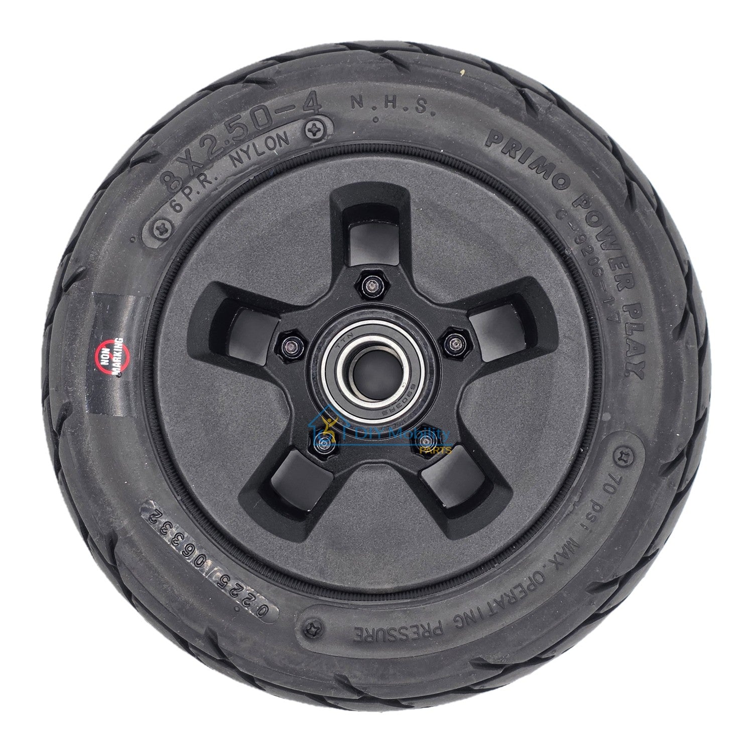 Front view of The replacement 8x2.50-4 Primo Power Play Caster Wheel for Invacare AVIVA Storm RX and FX power wheelchair.