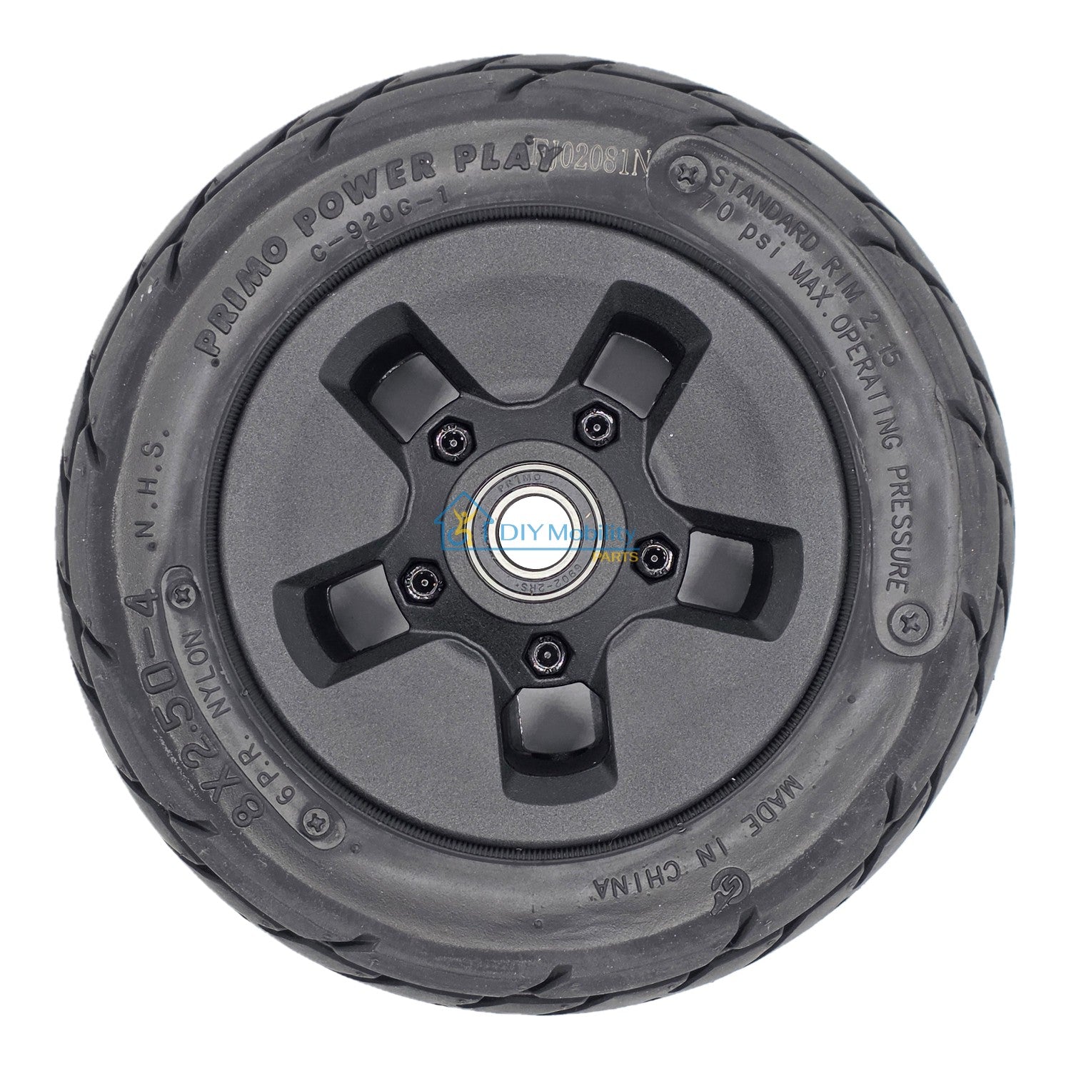 Back view of The replacement 8x2.50-4 Primo Power Play Caster Wheel for Invacare AVIVA Storm RX and FX power wheelchair.