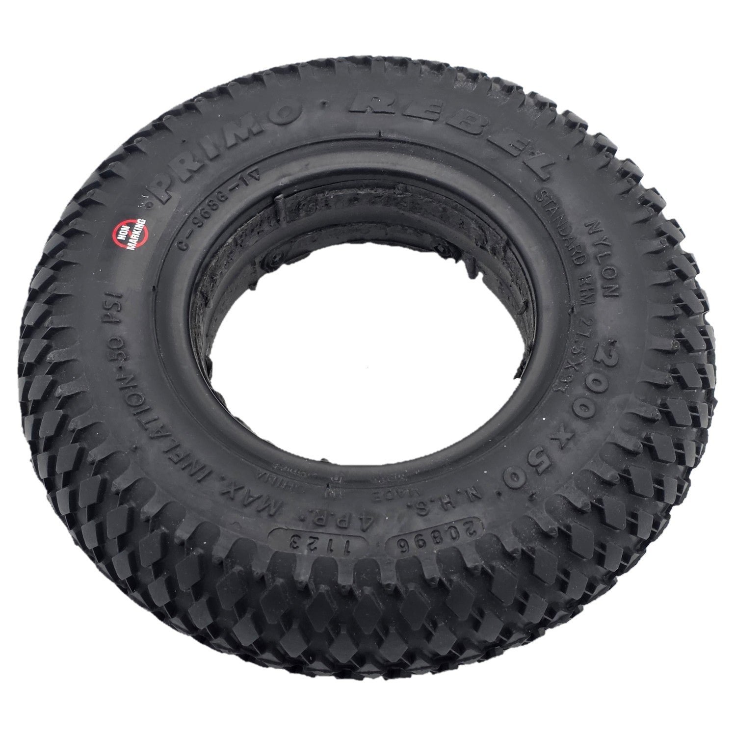 Close up view of the replacement 8 x 2 in. (200x50) Rebel Foam Filled Wheelchair / Scooter Tire with C-968G-1  black tread showing Nylon and standard rim 27.5x93 markings