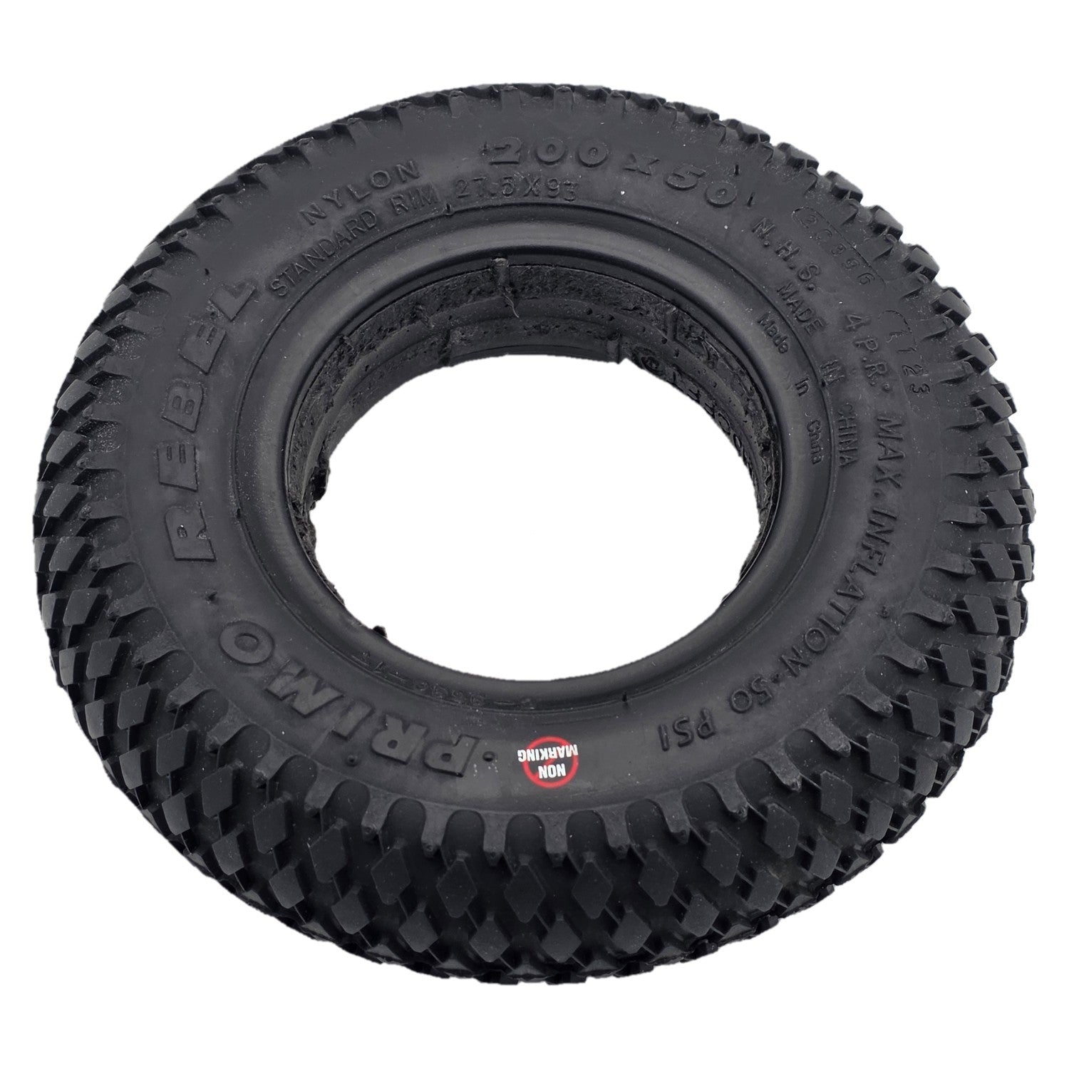 Angled view of the replacement 8 x 2 in. (200x50) Rebel Foam Filled Wheelchair / Scooter Tire with C-968G-1   non marking black tread showing Nylon and standard rim 27.5x93 markings