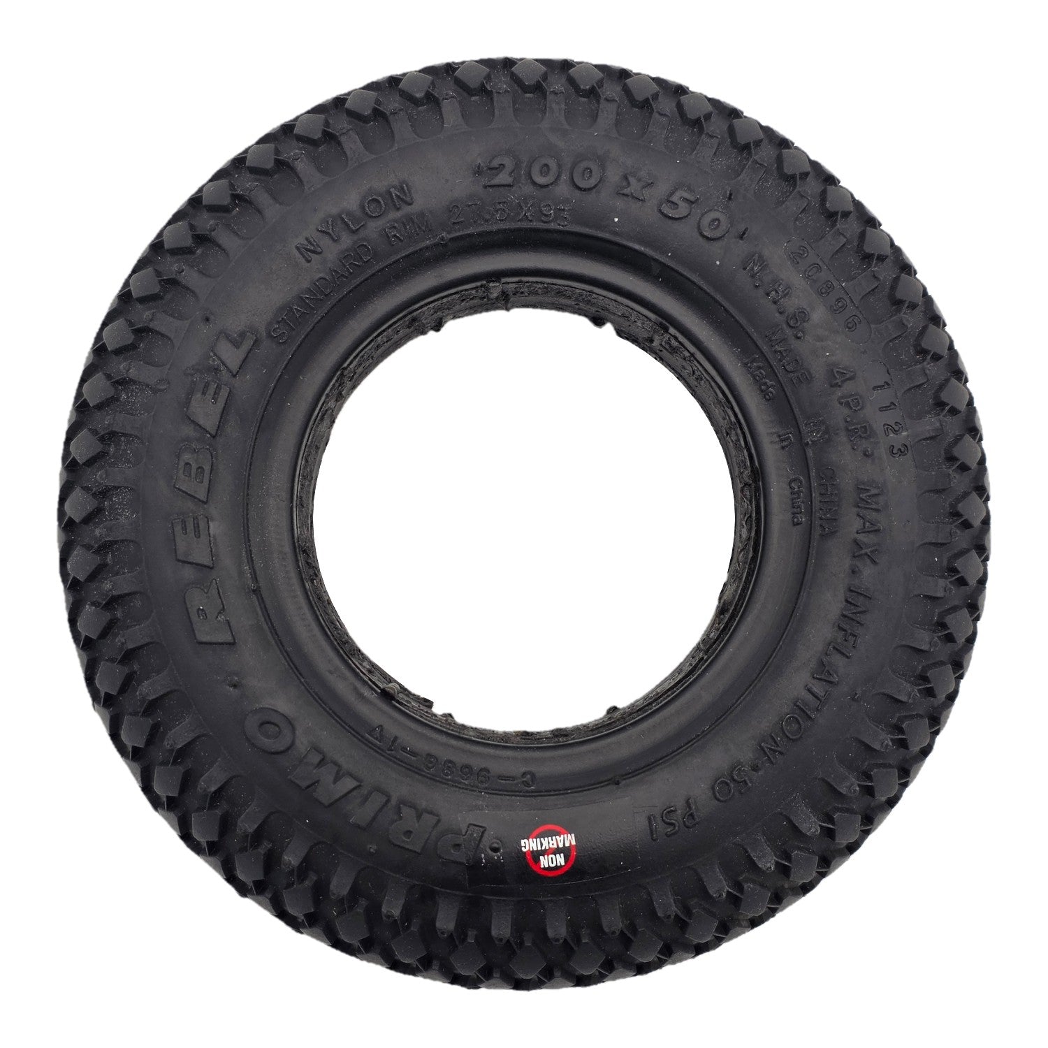 Sidewall view of the replacement 8 x 2 in. (200x50) Rebel Foam Filled Wheelchair / Scooter Tire with C-968G-1  black tread showing Nylon and standard rim 27.5x93 markings
