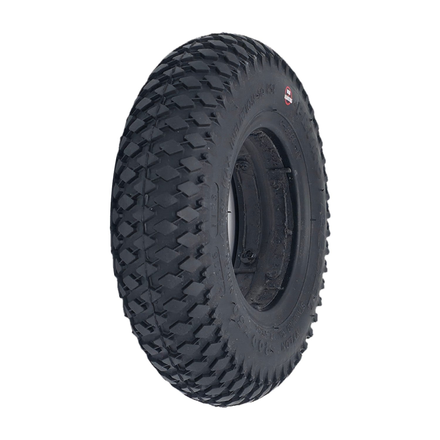 Angled view of the 8 x 2 in. (200x50) Rebel Foam Filled Wheelchair / Scooter Tire with C-968G-1 black tread showing Nylon and standard rim 27.5x93 markings
