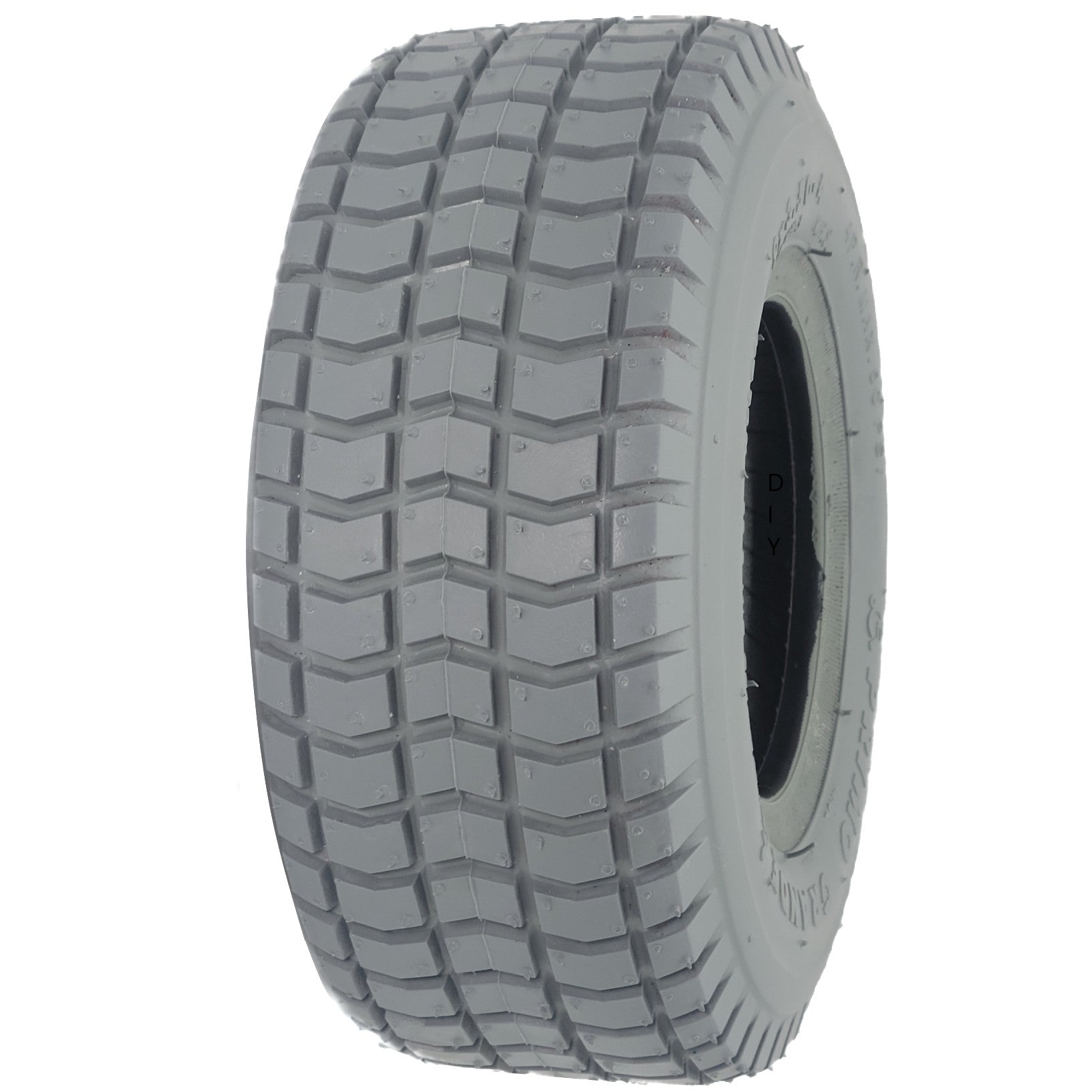 Close up view of the 9 x 3.50-4 Primo Grande Wheelchair and scooter tire showing gray C203 tread.