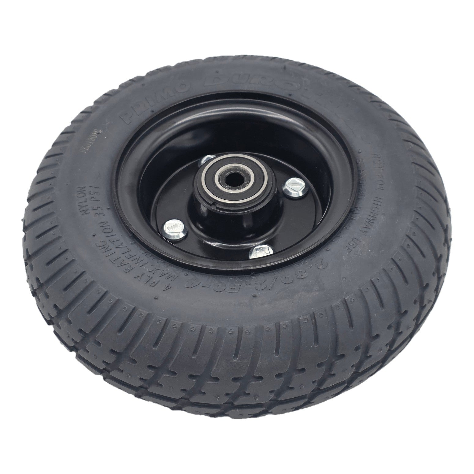 Close up view of the 9 in. Caster Wheel Assembly for Pride Jazzy 1450 Power Wheelchair. 2.80/2.50-4 black tire fits the left or right side rear wheels. Bearings shown.