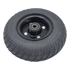 Close up view of the 9 in. Caster Wheel Assembly for Pride Jazzy 1450 Power Wheelchair. 2.80/2.50-4 black tire fits the left or right side rear wheels. Bearings shown.