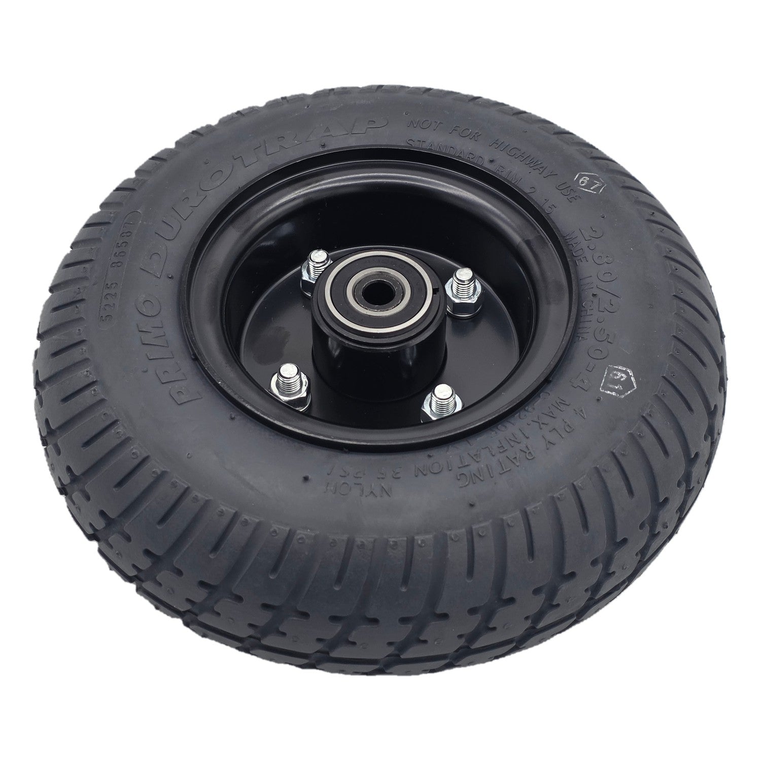 Angled view of the 9 in. Caster Wheel Assembly for Pride Jazzy 1450 Power Wheelchair. 2.80/2.50-4 black tire fits the left or right side rear wheels. Bearings shown.