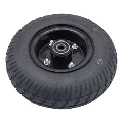 Angled view of the 9 in. Caster Wheel Assembly for Pride Jazzy 1450 Power Wheelchair. 2.80/2.50-4 black tire fits the left or right side rear wheels. Bearings shown.